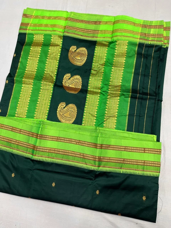 Authentic Handloom Narayanpeth Saree with Classic Temple Border - Free, Bottle Green1