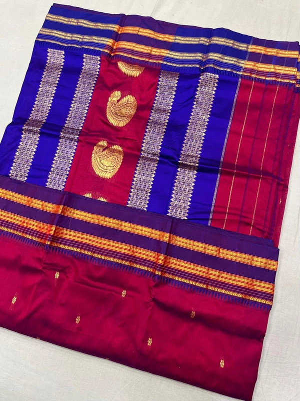 Authentic Handloom Narayanpeth Saree with Rich Golden Border - Free, Wine-Pink