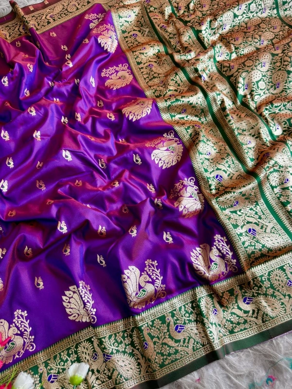 Authentic Maharashtrian Peshwai Paithani Silk Saree - Rich Royal Body with Grand Peacock Butta - FREE, Purple