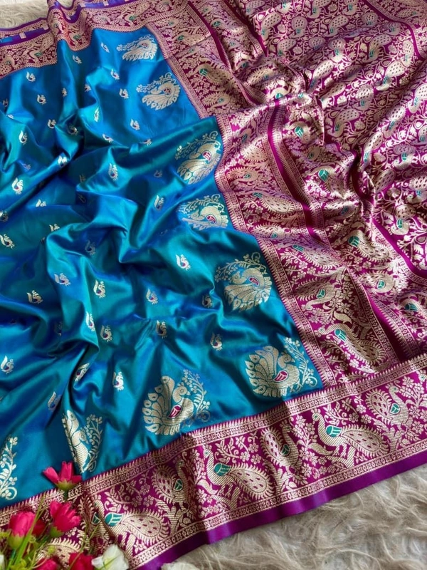 Authentic Maharashtrian Peshwai Paithani Silk Saree - Rich Royal Body with Grand Peacock Butta - FREE, Sky Blue