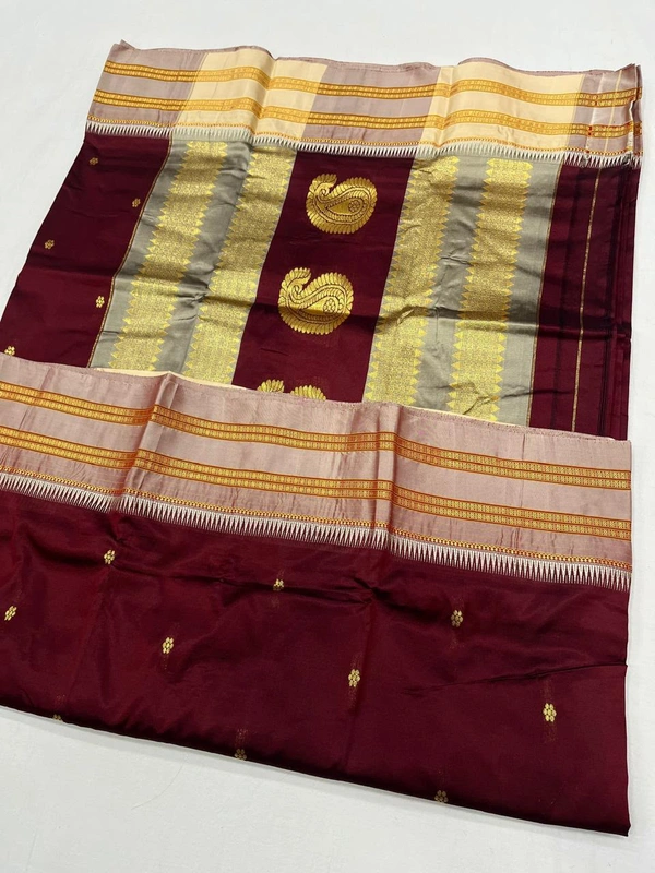Authentic Weave Narayanpeth Silk Saree with Classic Zari Lines - Free, Dark Wine