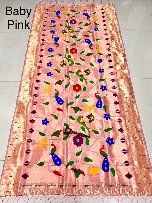 Baby Pink Paithani Silk Dupatta with Royal Blue Accent Peacock Border & Designer Zari Pallu - 2.5mt, BABY PINK