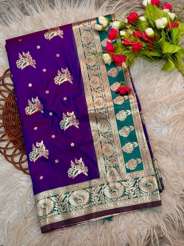 PAITHANI_HOUSE171 Banarasi Soft Silk Saree with Floral Zari Border & Butta Work � Multi-Colour Collection - Purple