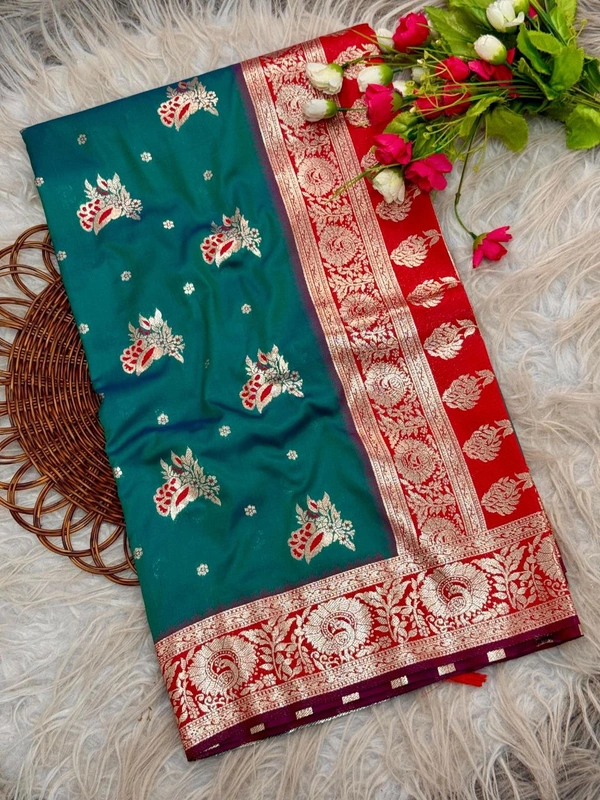 PAITHANI_HOUSE172 Banarasi Soft Silk Saree with Floral Zari Border & Butta Work � Multi-Colour Collection - Peacock Green