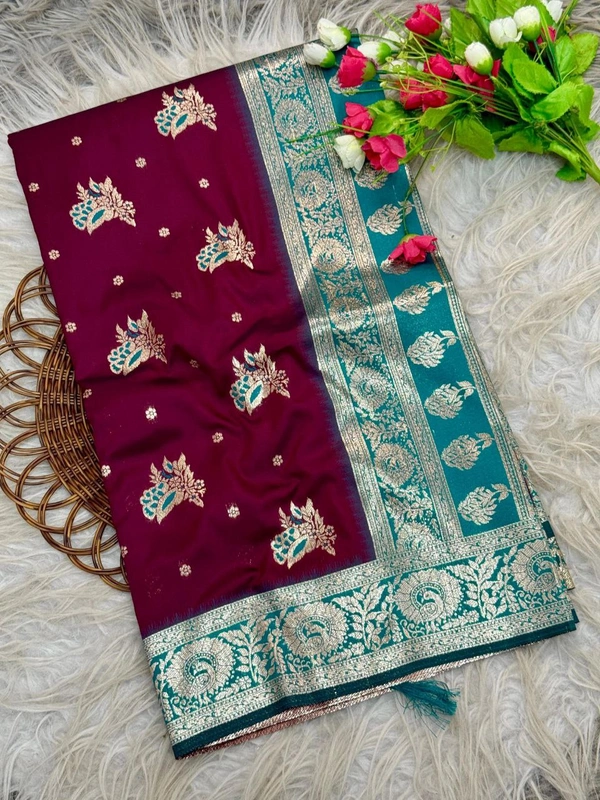 PAITHANI_HOUSE173 Banarasi Soft Silk Saree with Floral Zari Border & Butta Work � Multi-Colour Collection - Wine
