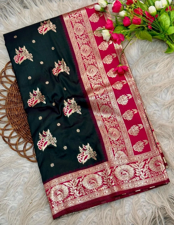 PAITHANI_HOUSE175 Banarasi Soft Silk Saree with Floral Zari Border & Butta Work � Multi-Colour Collection - Forest Green