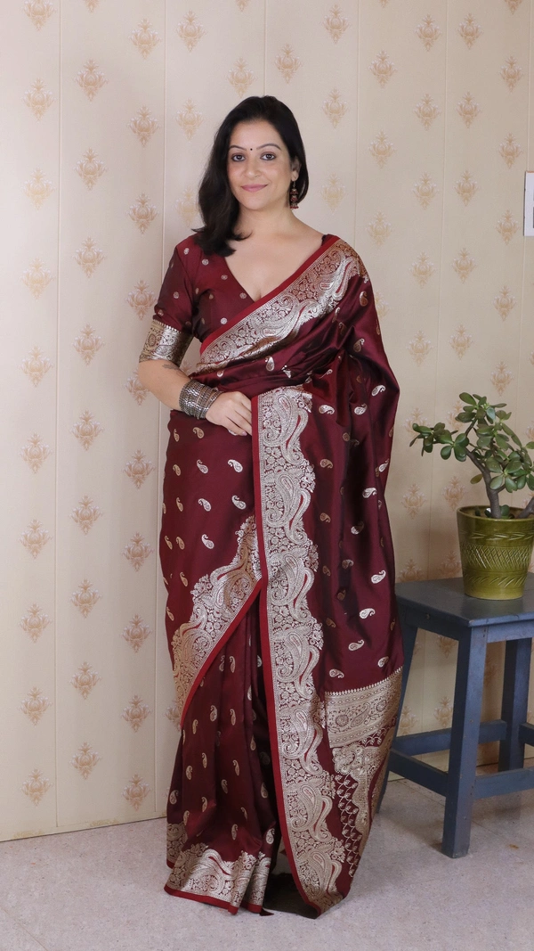 Banarasi Soft Silk Saree with Silver Zari Jaal Weaves