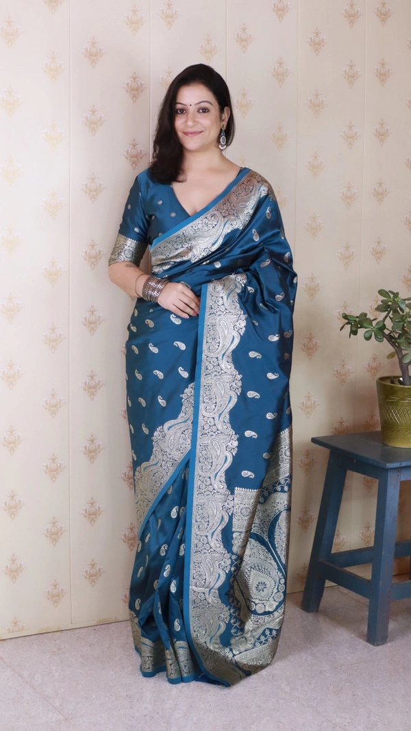 Banarasi Soft Silk Saree with Silver Zari Jaal Weaves