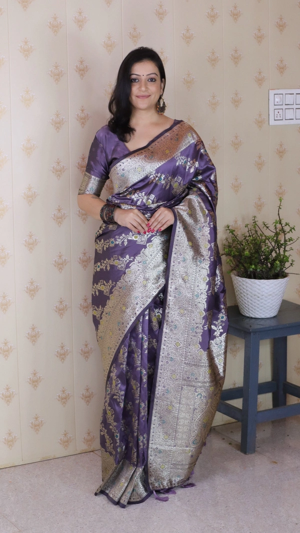 Banarasi Soft Silk Saree with Silver Zari Meenakari Jaal Weave
