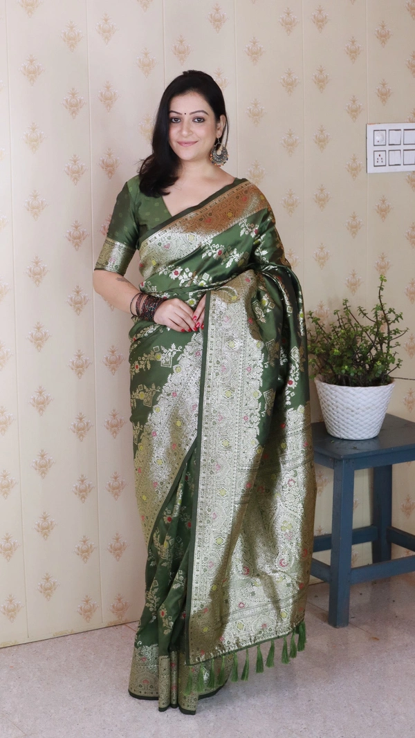Banarasi Soft Silk Saree with Silver Zari Meenakari Jaal Weave