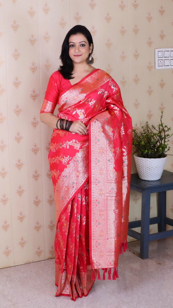 Banarasi Soft Silk Saree with Silver Zari Meenakari Jaal Weave