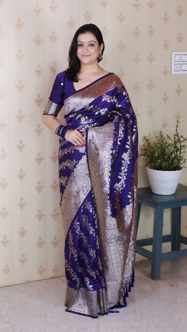 Banarasi Soft Silk Saree with Silver Zari Meenakari Jaal Weave