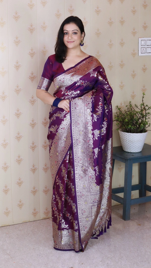 Banarasi Soft Silk Saree with Silver Zari Meenakari Jaal Weave