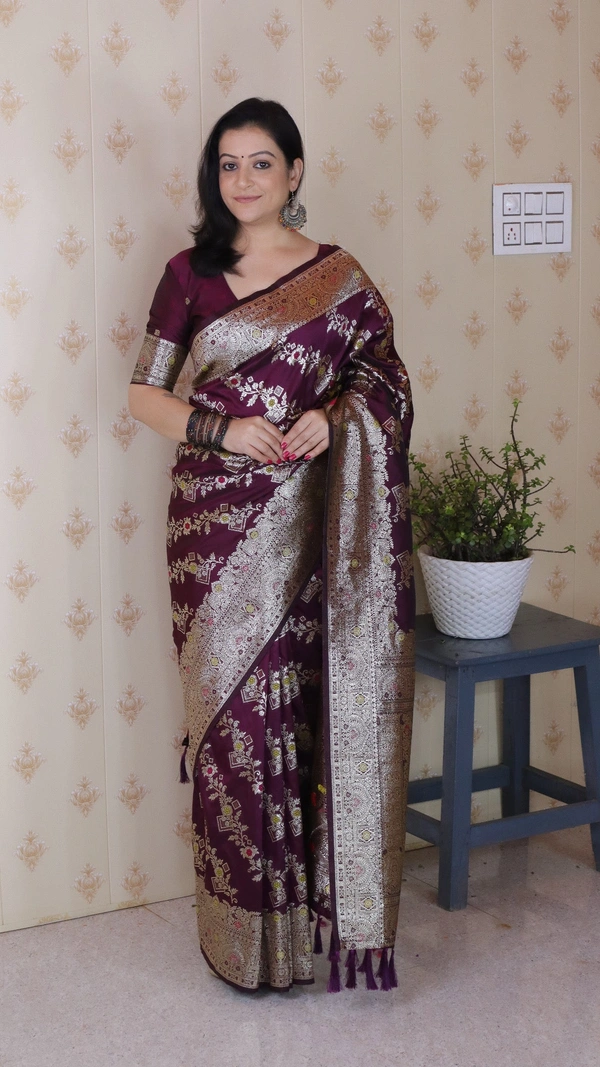 Banarasi Soft Silk Saree with Silver Zari Meenakari Jaal Weave
