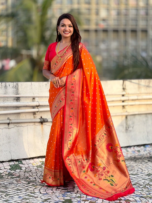 PAITHANI_HOUSE177 Bandhani Paithani Saree New Design 2025 � Soft Silk Zari Woven Saree for Wedding & Festival Look - [Bandhani Paithani] E - ORANGE