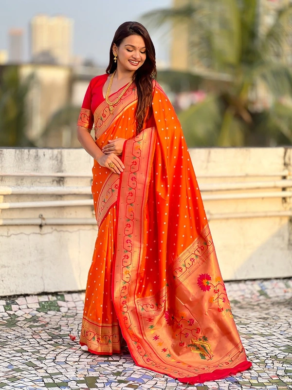 PAITHANI_HOUSE177 Bandhani Paithani Saree New Design 2025 � Soft Silk Zari Woven Saree for Wedding & Festival Look - [Bandhani Paithani] E - ORANGE