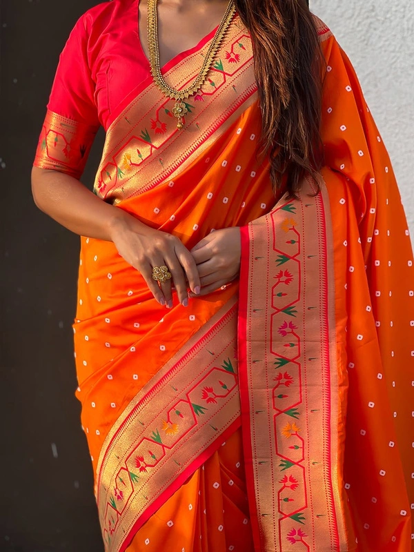PAITHANI_HOUSE177 Bandhani Paithani Saree New Design 2025 � Soft Silk Zari Woven Saree for Wedding & Festival Look - [Bandhani Paithani] E - ORANGE