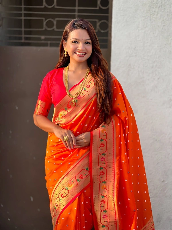 PAITHANI_HOUSE177 Bandhani Paithani Saree New Design 2025 � Soft Silk Zari Woven Saree for Wedding & Festival Look - [Bandhani Paithani] E - ORANGE