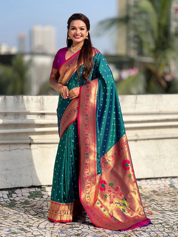 PAITHANI_HOUSE179 Bandhani Paithani Saree New Design 2025 � Soft Silk Zari Woven Saree for Wedding & Festival Look - [Bandhani Paithani] E - GREEN