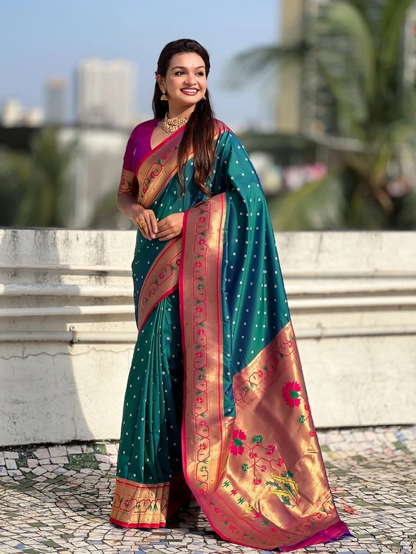 PAITHANI_HOUSE179 Bandhani Paithani Saree New Design 2025 � Soft Silk Zari Woven Saree for Wedding & Festival Look - [Bandhani Paithani] E - GREEN
