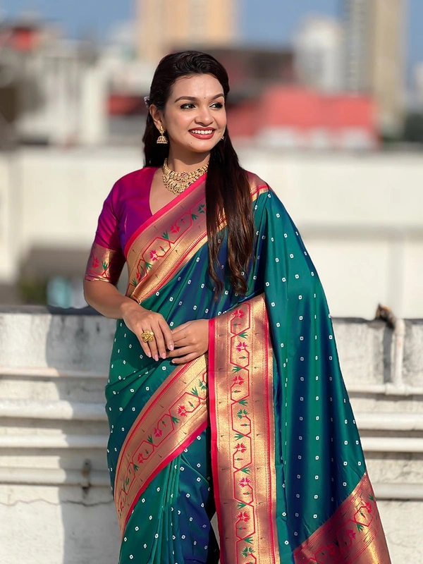 PAITHANI_HOUSE179 Bandhani Paithani Saree New Design 2025 � Soft Silk Zari Woven Saree for Wedding & Festival Look - [Bandhani Paithani] E - GREEN