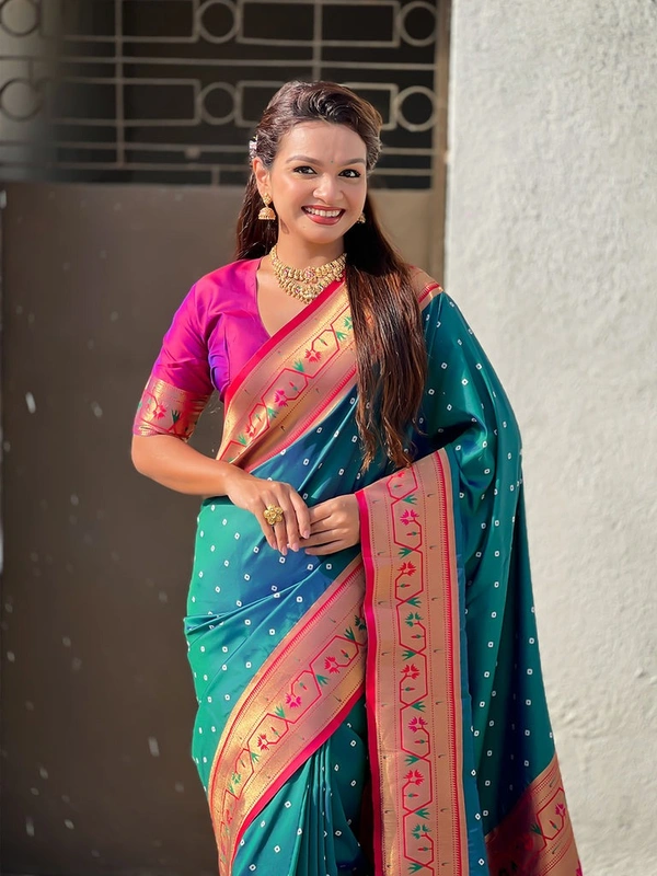 PAITHANI_HOUSE179 Bandhani Paithani Saree New Design 2025 � Soft Silk Zari Woven Saree for Wedding & Festival Look - [Bandhani Paithani] E - GREEN