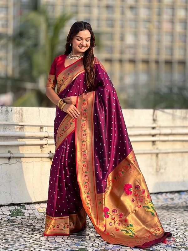 PAITHANI_HOUSE180 Bandhani Paithani Saree New Design 2025 � Soft Silk Zari Woven Saree for Wedding & Festival Look - [Bandhani Paithani] E - WINE