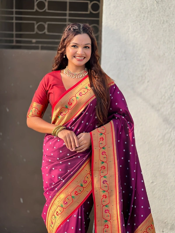 PAITHANI_HOUSE180 Bandhani Paithani Saree New Design 2025 � Soft Silk Zari Woven Saree for Wedding & Festival Look - [Bandhani Paithani] E - WINE