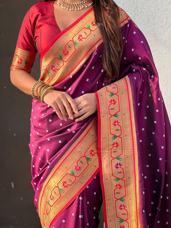PAITHANI_HOUSE180 Bandhani Paithani Saree New Design 2025 � Soft Silk Zari Woven Saree for Wedding & Festival Look - [Bandhani Paithani] E - WINE