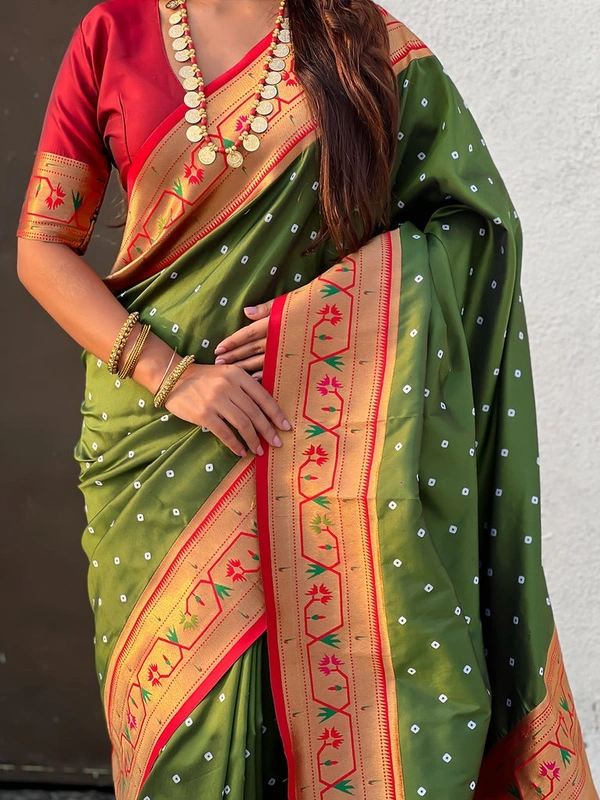 PAITHANI_HOUSE181 Bandhani Paithani Saree New Design 2025 � Soft Silk Zari Woven Saree for Wedding & Festival Look - [Bandhani Paithani] E - MEHENDI