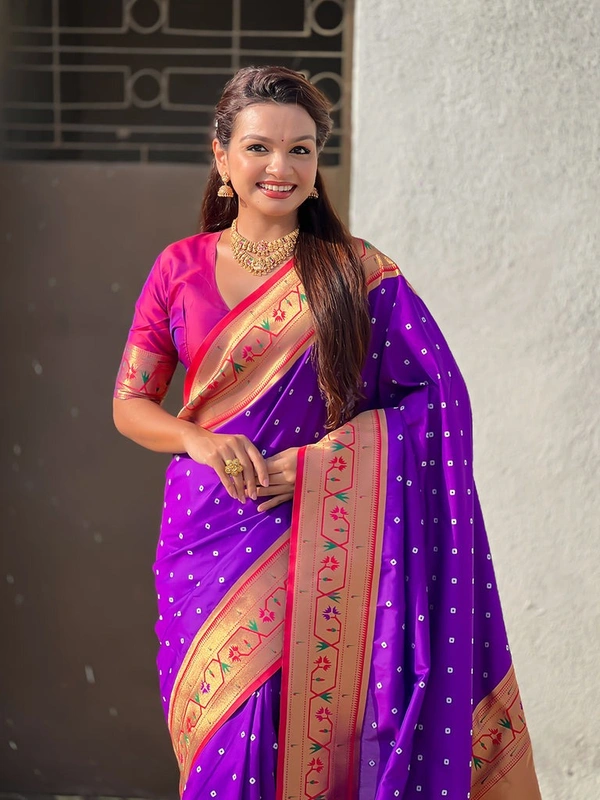 PAITHANI_HOUSE182 Bandhani Paithani Saree New Design 2025 � Soft Silk Zari Woven Saree for Wedding & Festival Look - [Bandhani Paithani] E - PURPLE