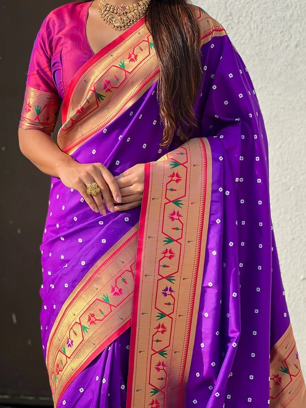 PAITHANI_HOUSE182 Bandhani Paithani Saree New Design 2025 � Soft Silk Zari Woven Saree for Wedding & Festival Look - [Bandhani Paithani] E - PURPLE
