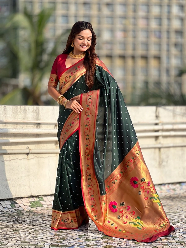 PAITHANI_HOUSE184 Bandhani Paithani Saree New Design 2025 � Soft Silk Zari Woven Saree for Wedding & Festival Look - [Bandhani Paithani] E - BOTTLE GREEN
