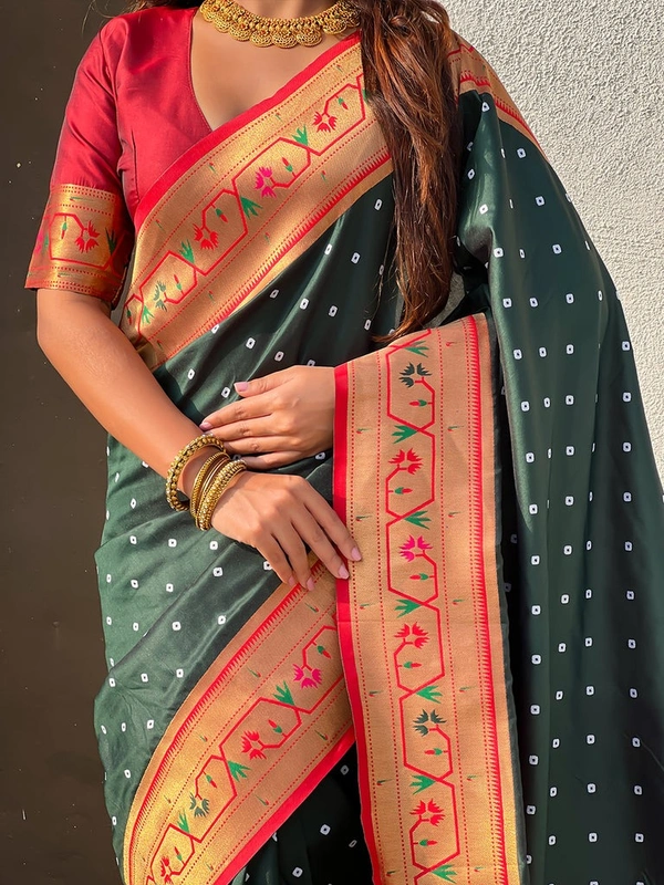 PAITHANI_HOUSE184 Bandhani Paithani Saree New Design 2025 � Soft Silk Zari Woven Saree for Wedding & Festival Look - [Bandhani Paithani] E - BOTTLE GREEN