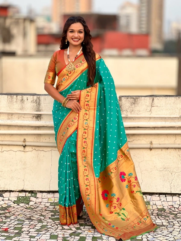 PAITHANI_HOUSE185 Bandhani Paithani Saree New Design 2025 � Soft Silk Zari Woven Saree for Wedding & Festival Look - [Bandhani Paithani] E - AQUA BLUE