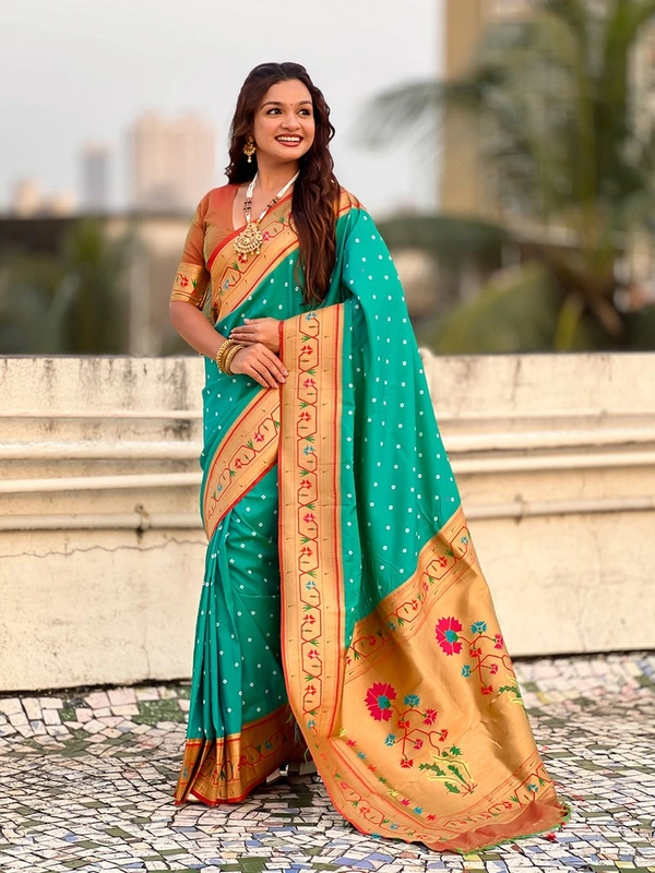 PAITHANI_HOUSE185 Bandhani Paithani Saree New Design 2025 � Soft Silk Zari Woven Saree for Wedding & Festival Look - [Bandhani Paithani] E - AQUA BLUE