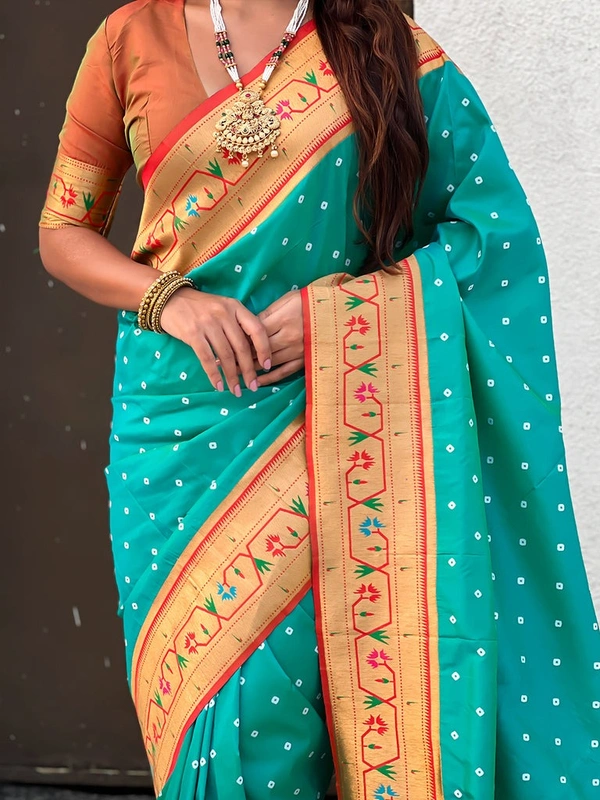 PAITHANI_HOUSE185 Bandhani Paithani Saree New Design 2025 � Soft Silk Zari Woven Saree for Wedding & Festival Look - [Bandhani Paithani] E - AQUA BLUE