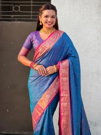 BANDHANI Soft Patola Silk Saree with Bandhani Weaves and Contrast Floral Zari Border - FREE, BLUE