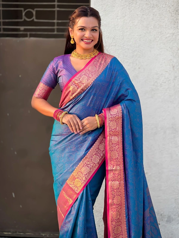 BANDHANI Soft Patola Silk Saree with Bandhani Weaves and Contrast Floral Zari Border - FREE, BLUE