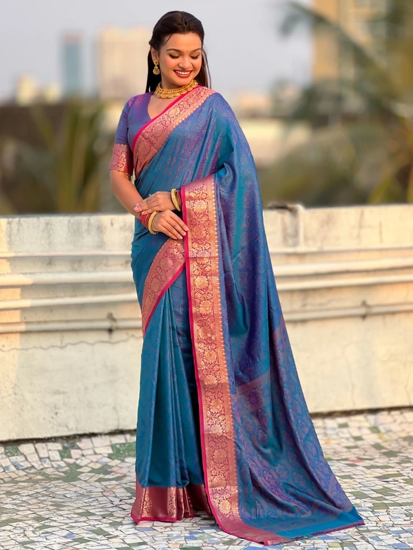 BANDHANI Soft Patola Silk Saree with Bandhani Weaves and Contrast Floral Zari Border - FREE, BLUE