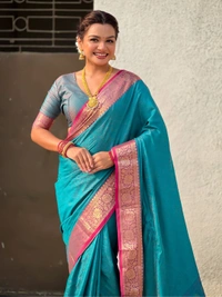 BANDHANI Soft Patola Silk Saree with Bandhani Weaves and Contrast Floral Zari Border - FREE, SKY