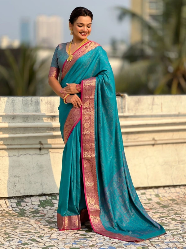 BANDHANI Soft Patola Silk Saree with Bandhani Weaves and Contrast Floral Zari Border - FREE, SKY