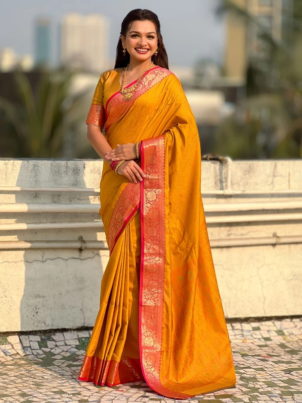 BANDHANI Soft Patola Silk Saree with Bandhani Weaves and Contrast Floral Zari Border