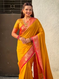BANDHANI Soft Patola Silk Saree with Bandhani Weaves and Contrast Floral Zari Border - FREE, MUSTARD