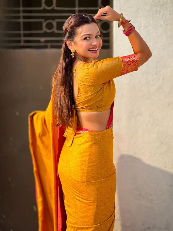 BANDHANI Soft Patola Silk Saree with Bandhani Weaves and Contrast Floral Zari Border - FREE, MUSTARD