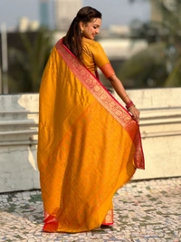 BANDHANI Soft Patola Silk Saree with Bandhani Weaves and Contrast Floral Zari Border - FREE, MUSTARD