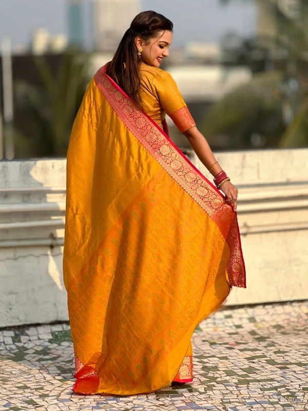 BANDHANI Soft Patola Silk Saree with Bandhani Weaves and Contrast Floral Zari Border - FREE, MUSTARD
