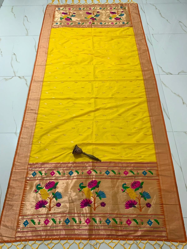 Beautiful Bright Yellow Soft Silk Paithani Dupatta with Grand Zari Peacock. - 2.5mt, Yellow