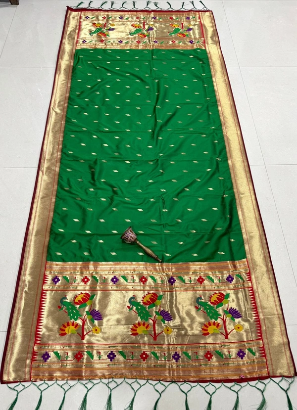 Beautiful Emerald Green Soft Silk Paithani Dupatta with Colorful Motif - 2.5mt, Green