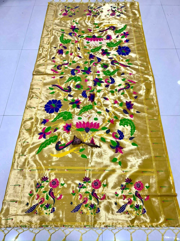 Beautiful Mustard Yellow Soft Silk Paithani Dupatta with Rich Tissue Floral Weaving - 2.5mt, Mustard Yellow